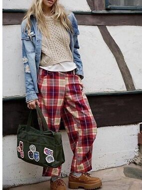 Free People Nice Choice Plaid Pull On Trousers NWOT